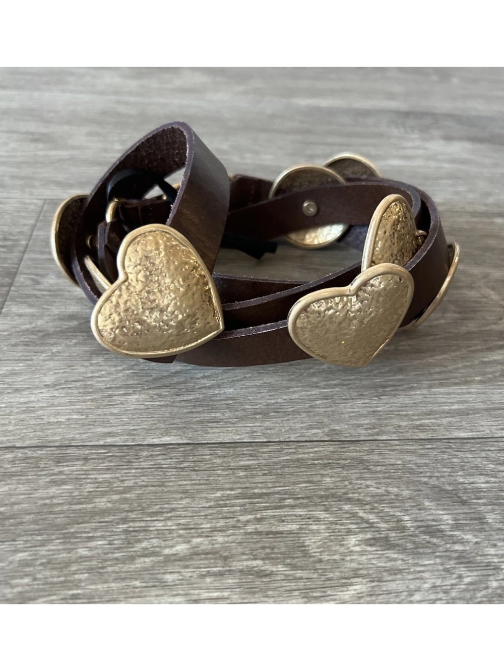 ZARA Hammered Gold Heart Drop Belt Brown Leather Size 85 Statement Design NWOT M - Picture 12 of 15